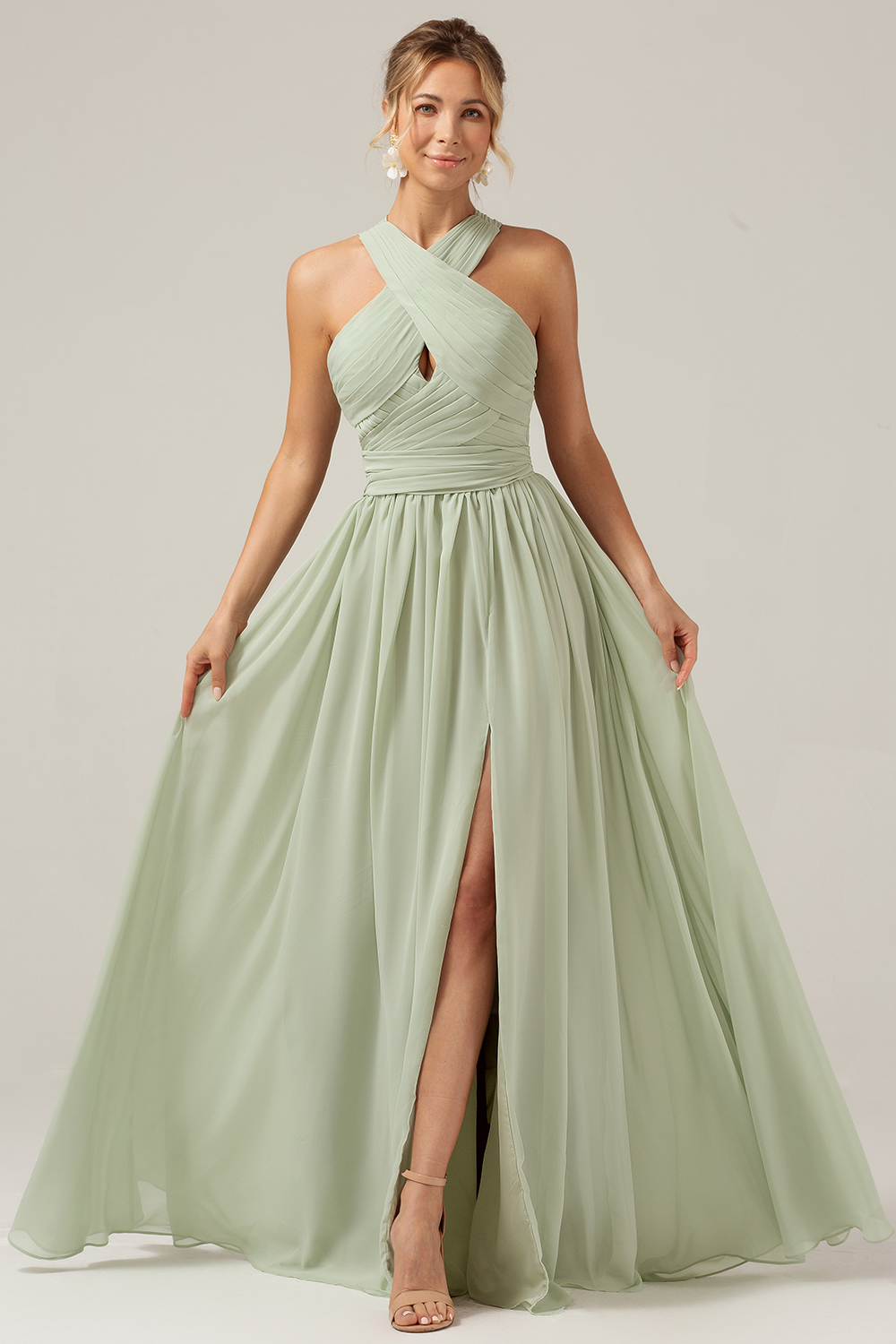 Halter Dusty Sage A Line Pleated Bridesmaid Dress with Slit
