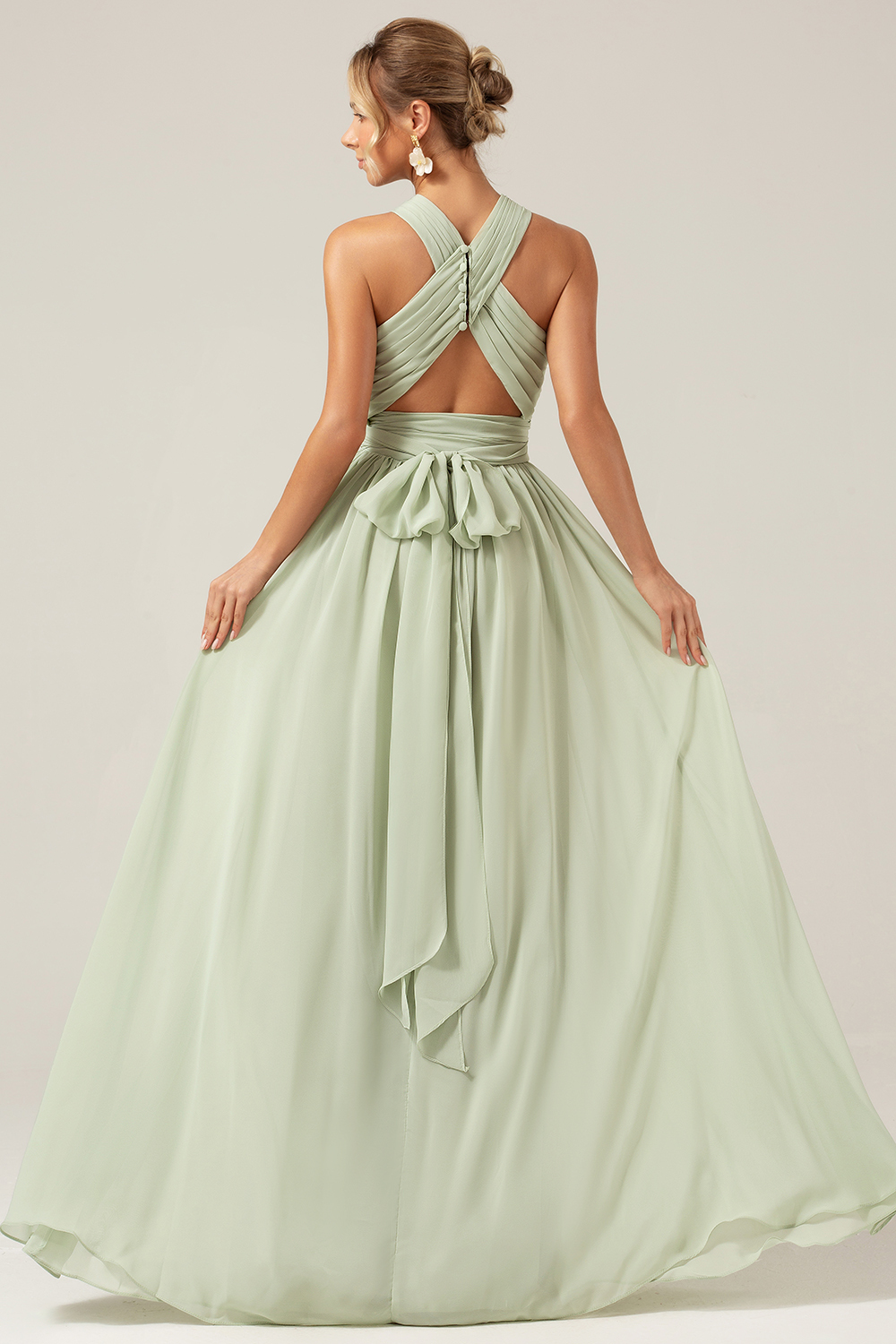 Halter Dusty Sage A Line Pleated Bridesmaid Dress with Slit