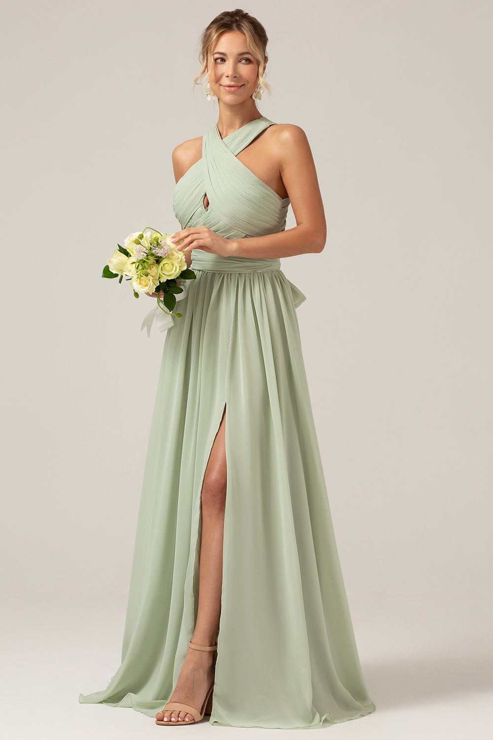 Halter Dusty Sage A Line Pleated Bridesmaid Dress with Slit