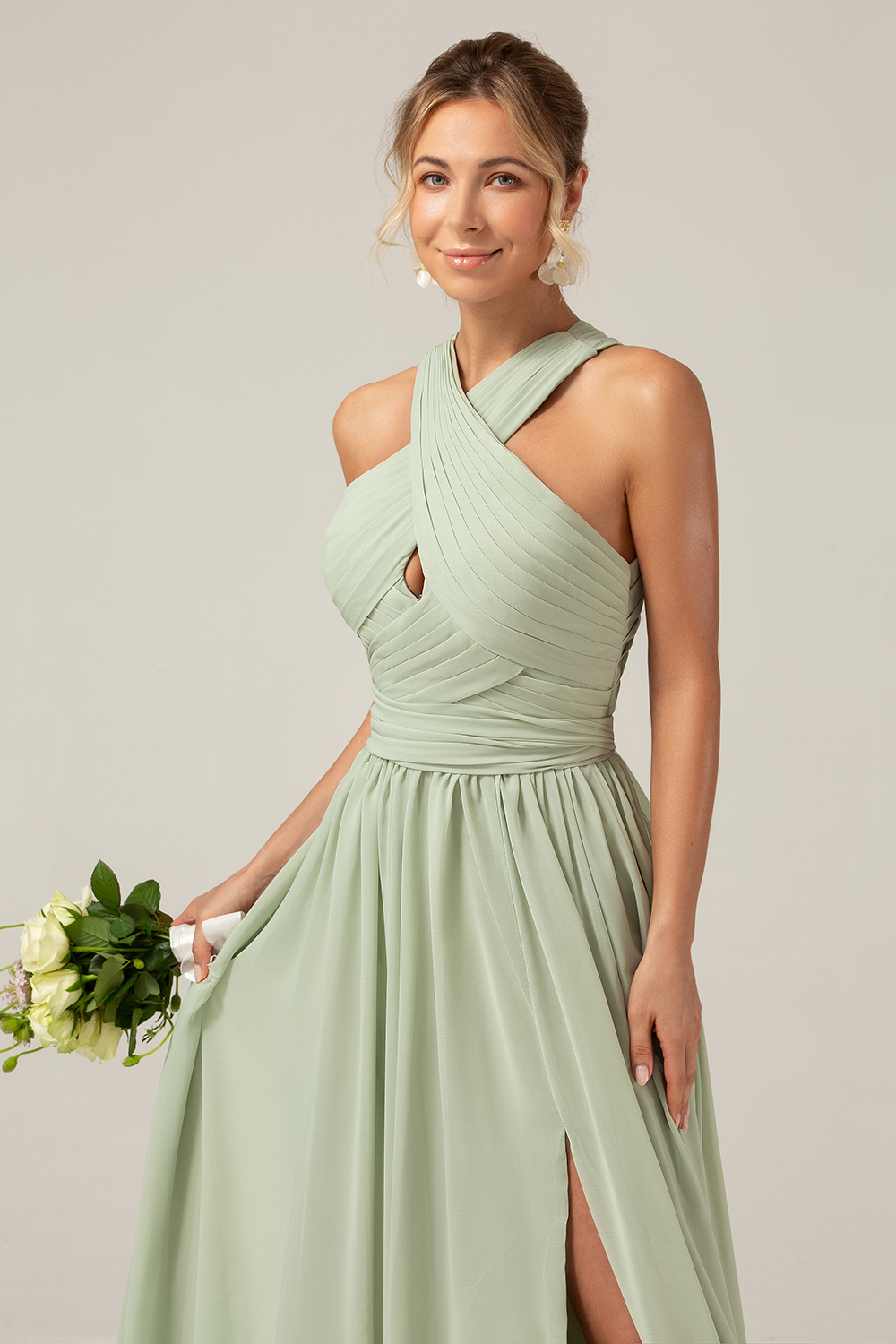 Halter Dusty Sage A Line Pleated Bridesmaid Dress with Slit