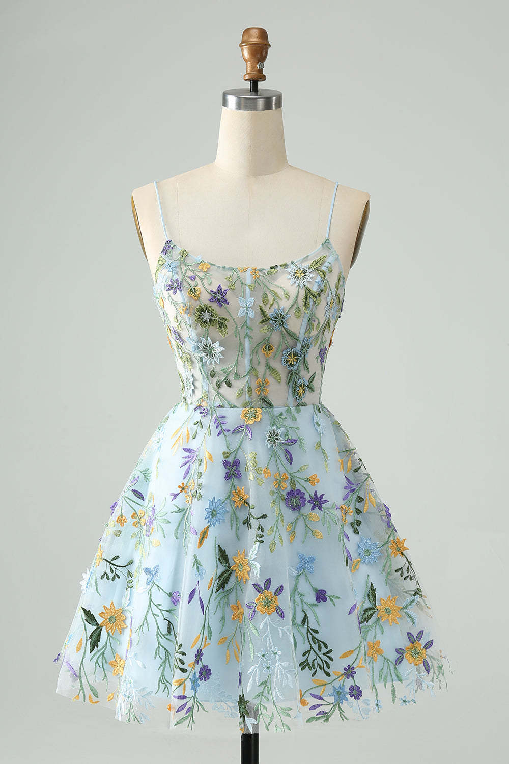 Leely Women Elegant Blue Flower Homecoming Dress with Embroidery A Line Corset Lace-up Back Short Party Dress