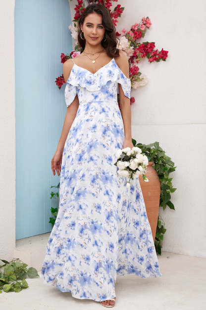 Leely Women Blue Floral Print Bridesmaid Dress A Line Off the Shoulder Wedding Guest Dress