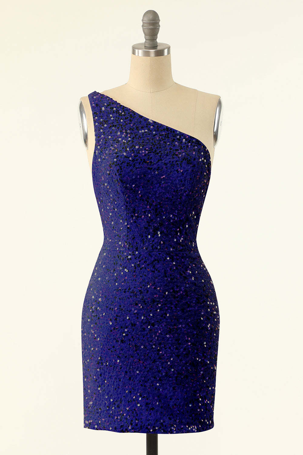 LEELY Women Royal Blue One Shoulder Sparkly Sequin Homecoming Dress Backless Mini Party Dress