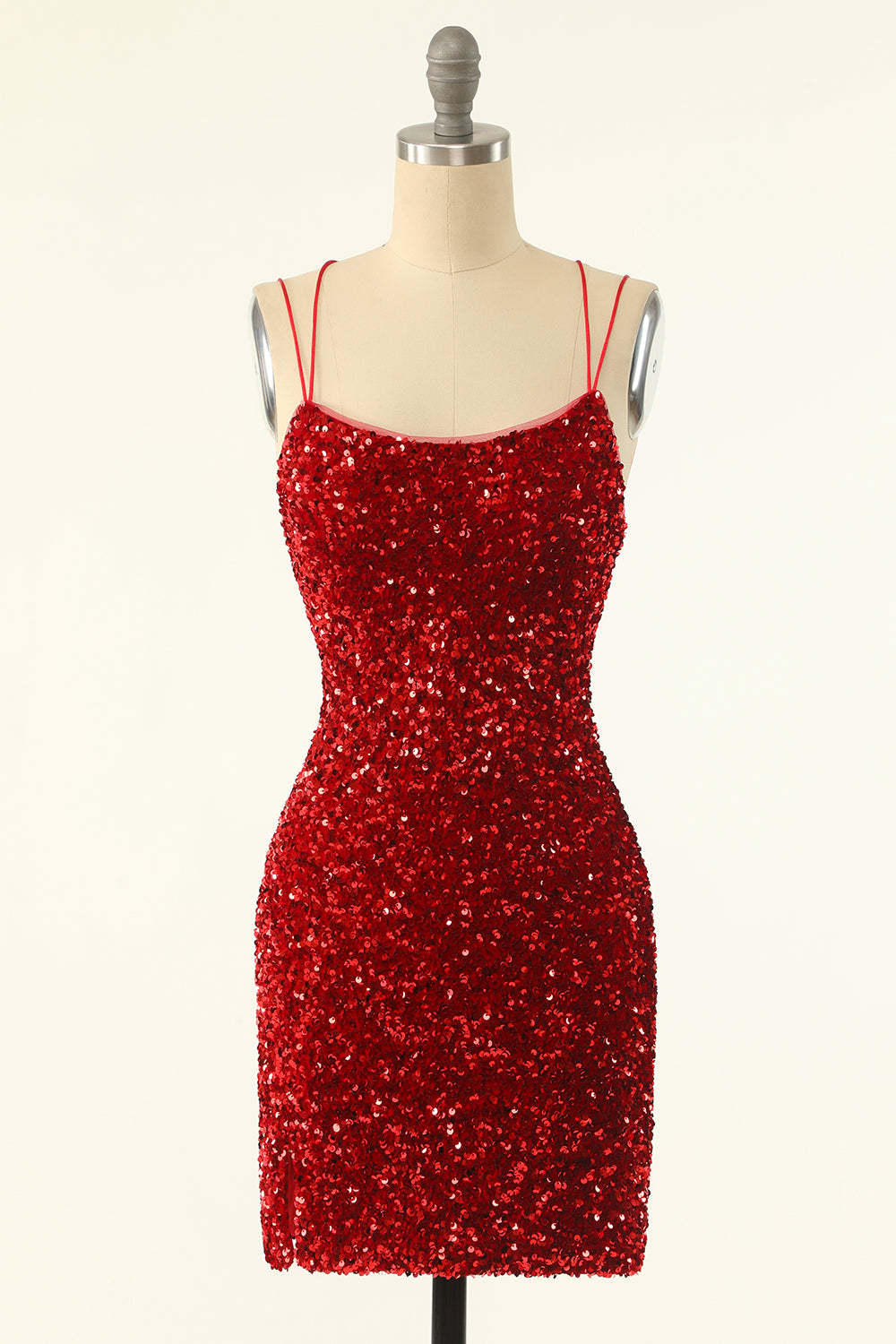 LEELY Women Red Sequins Tight Lace Up Homecoming Dress Spaghetti Straps Short Party Dress