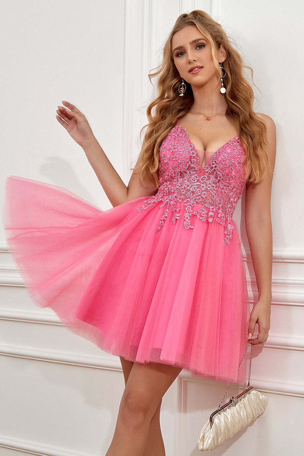 LEELY Women Fuchsia Corset A-Line Short Homecoming Dress Spaghetti Straps Tulle Party Dress