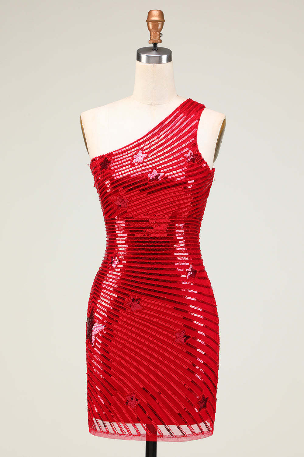 LEELY Women Sleek Red Sequins Mini Homecoming Dress Sheath One Shoulder Cocktail Dress with Star