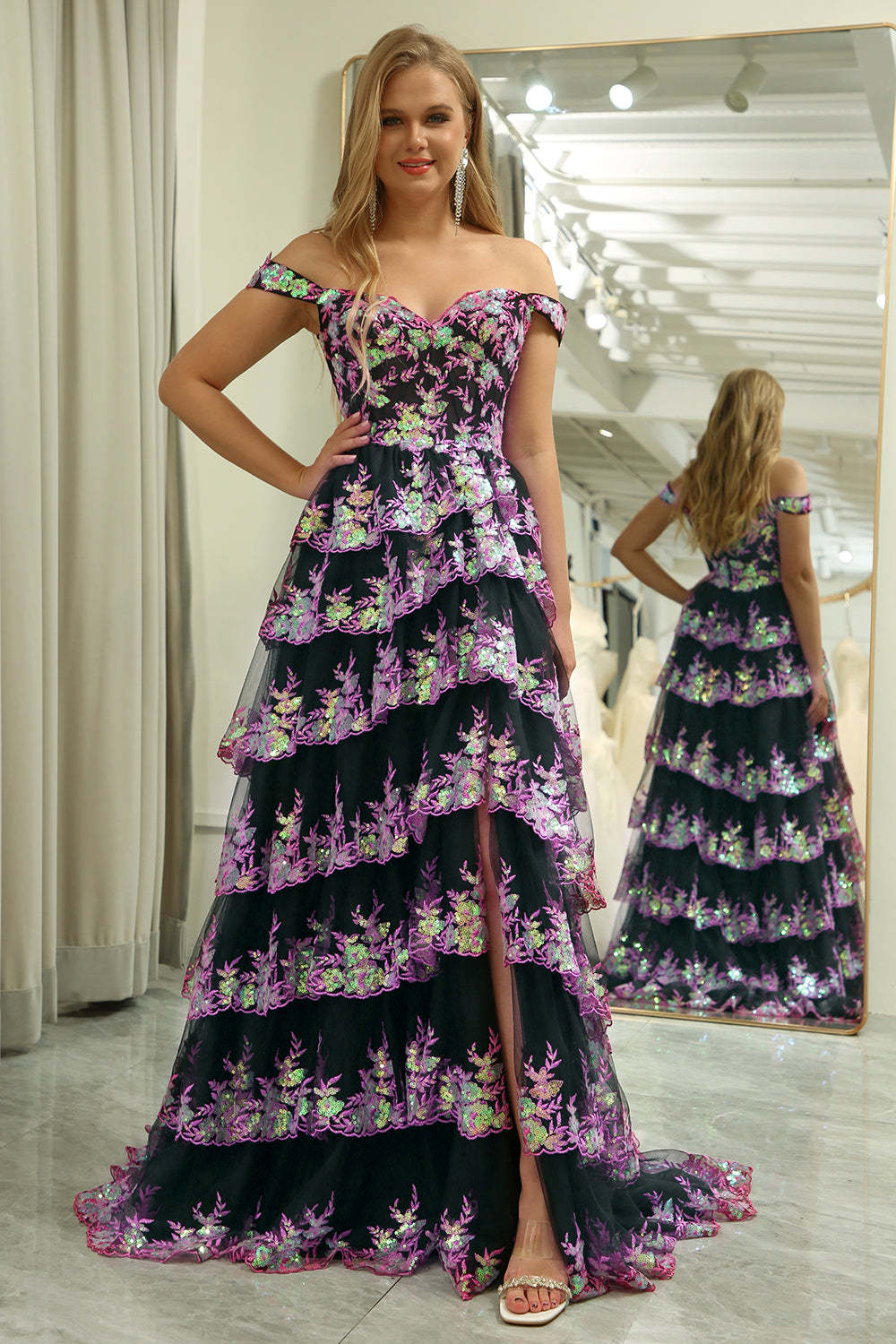 Black Pink A Line Off the Shoulder Long Tiered Prom Dress