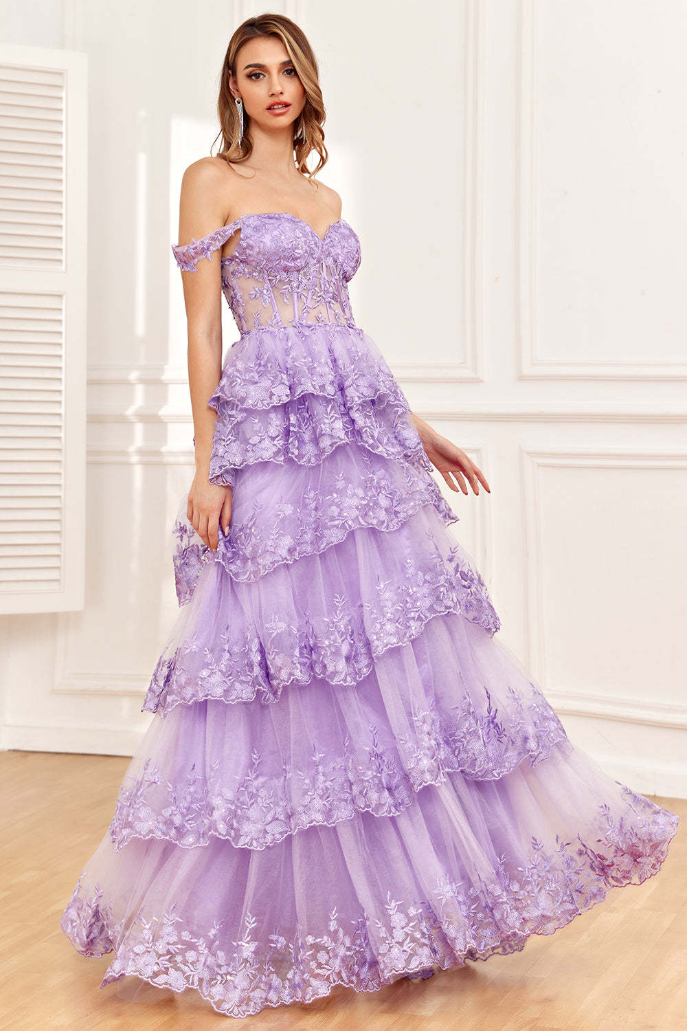 Fuchsia A Line Off the Shoulder Long Corset Prom Dress With Slit