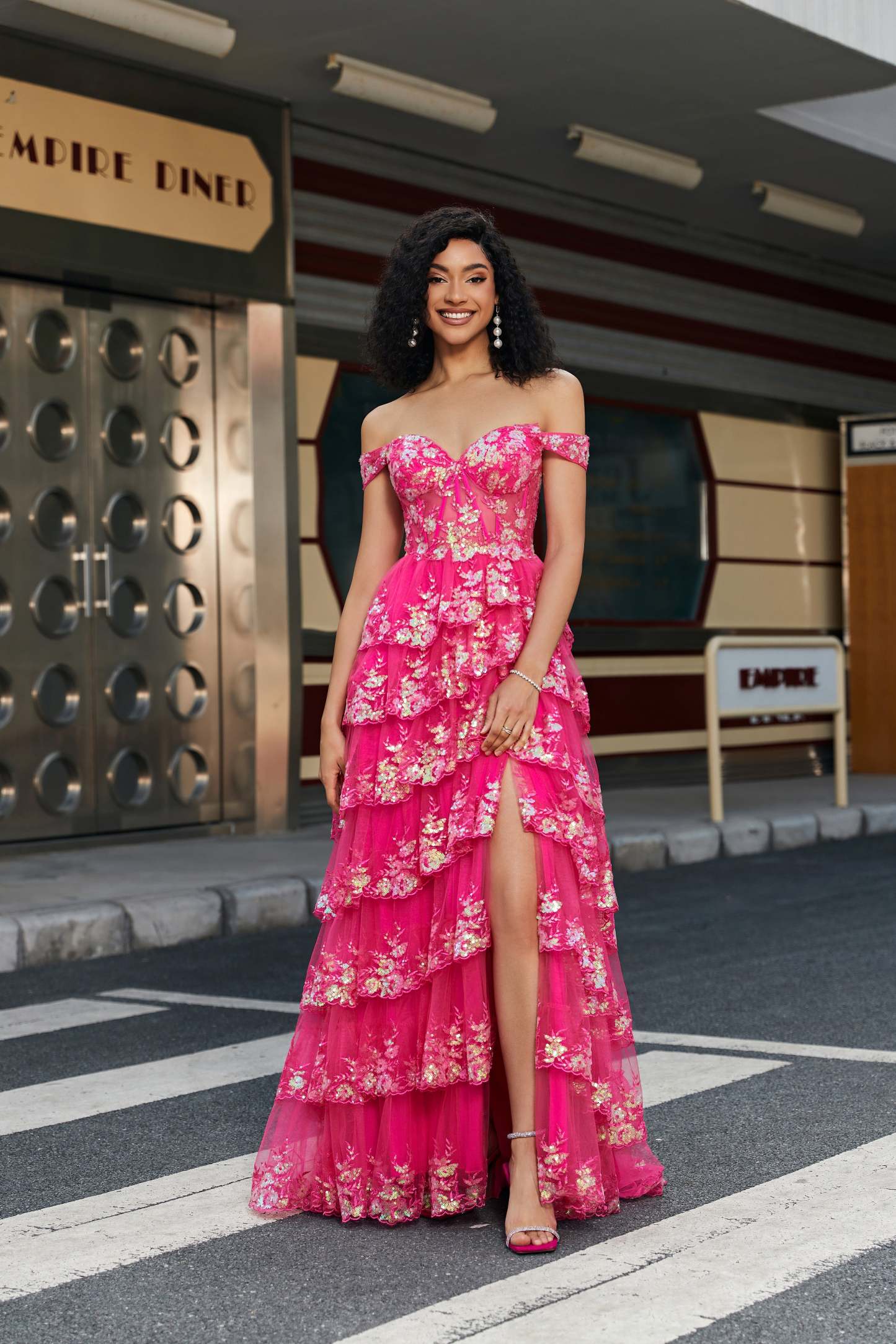 Leely Women Fuchsia Long Corset Prom Dress With Slit A Line Off the Shoulder Evening Dress