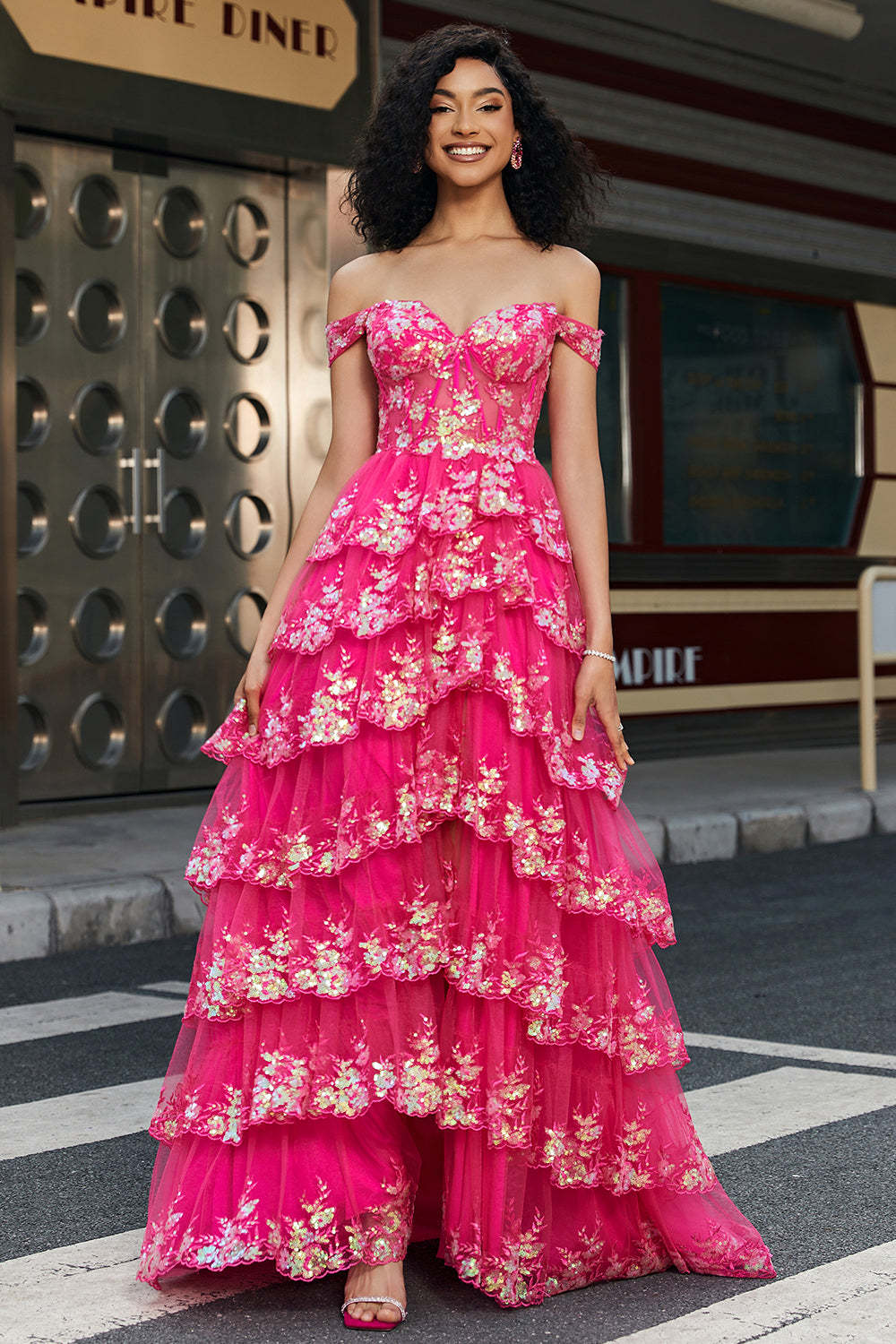 Fuchsia A Line Off the Shoulder Long Corset Prom Dress With Slit