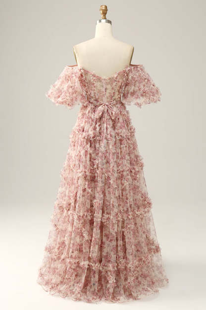 Ivory Red Off The Shoulder Flower Long Prom Dress