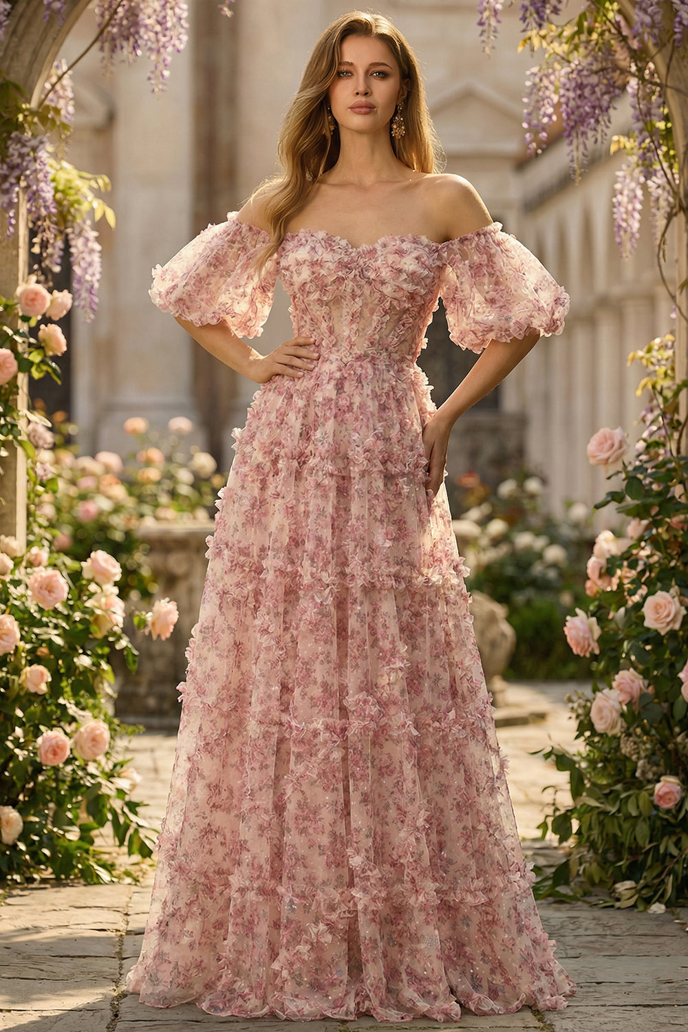 Ivory Red Off The Shoulder Flower Long Prom Dress