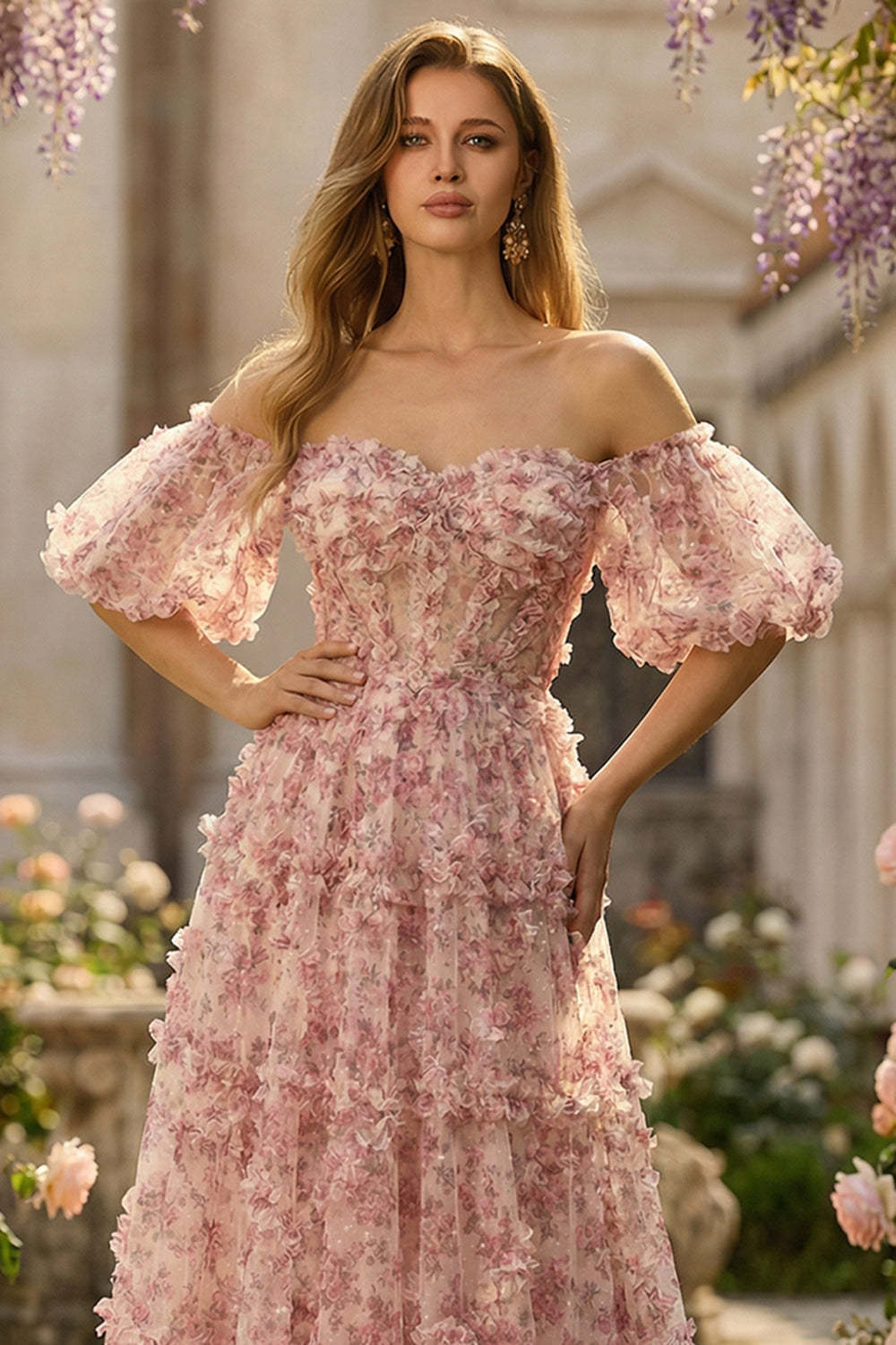 Ivory Red Off The Shoulder Flower Long Prom Dress