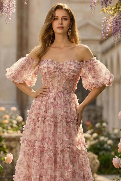 Ivory Red Off The Shoulder Flower Long Prom Dress