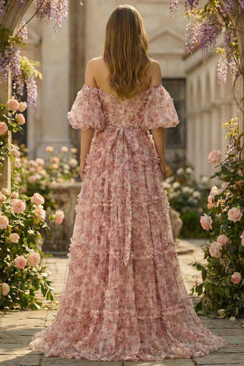 Ivory Red Flower Off The Shoulder Prom Dress