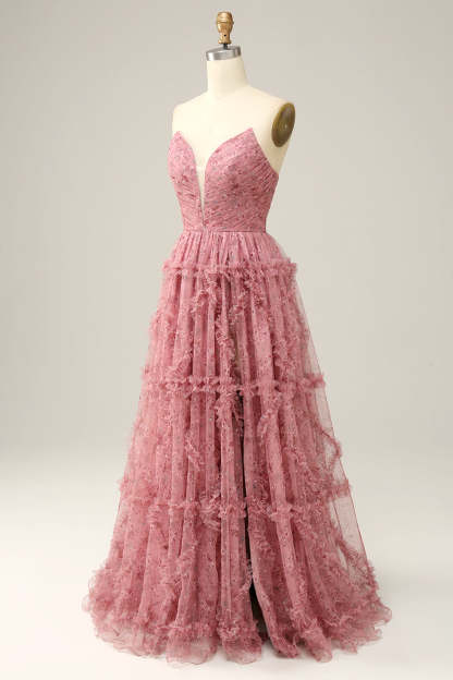 Dusty Rose A-Line Sweetheart Floor Length Tulle Prom Dress