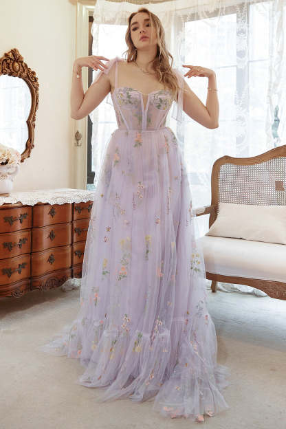 Grey Blue Tulle A Line Corset Prom Dress with Embroidery