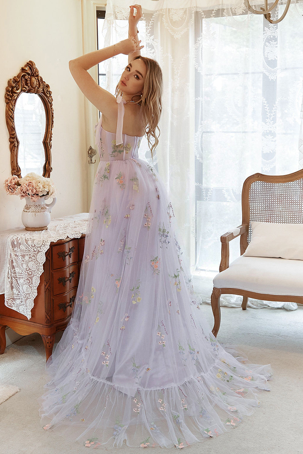 Grey Blue Tulle A Line Corset Prom Dress with Embroidery