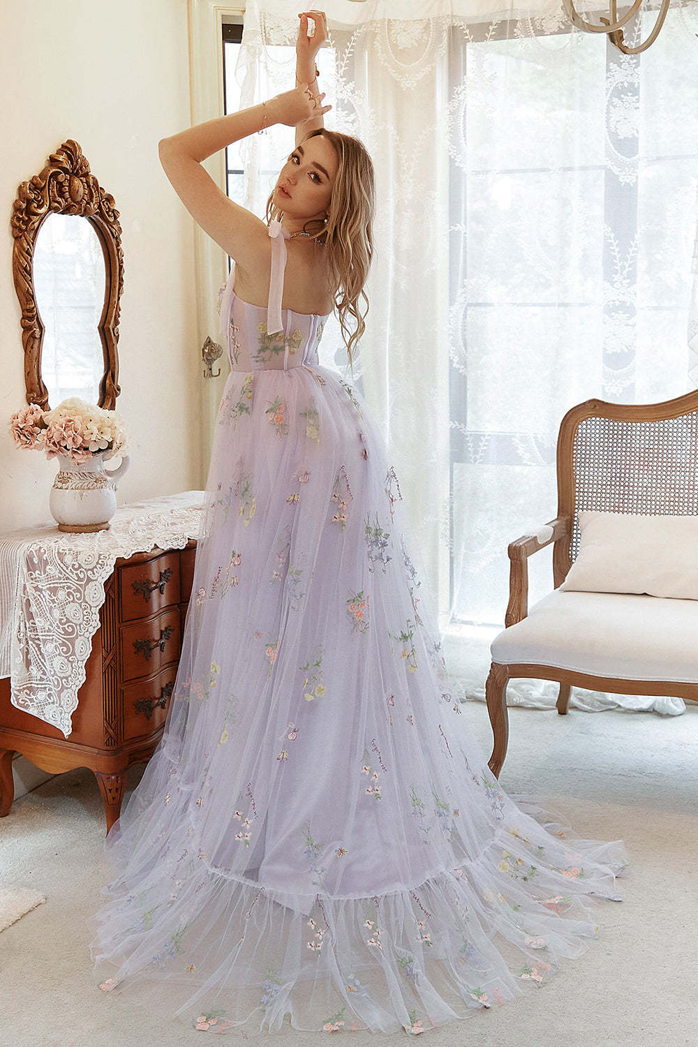 Grey Blue Tulle A Line Corset Prom Dress with Embroidery