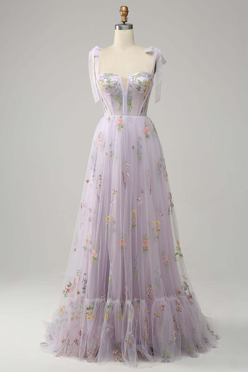 Leely Women Lilac Embroidery Corset Long Prom Dress A-Line Formal Party Dress