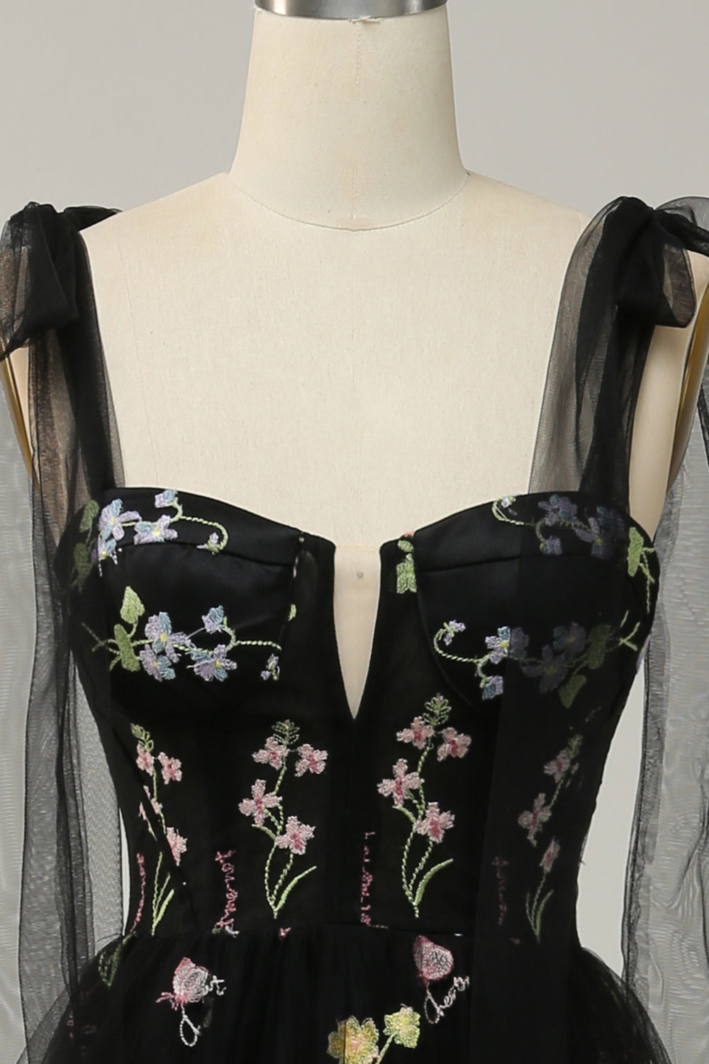 A Line Spaghetti Straps Black Corset Prom Dress with Embroidery