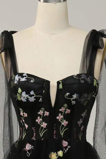 A Line Spaghetti Straps Black Corset Prom Dress with Embroidery