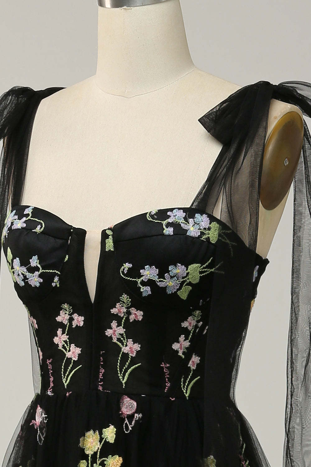 A Line Spaghetti Straps Black Corset Prom Dress with Embroidery