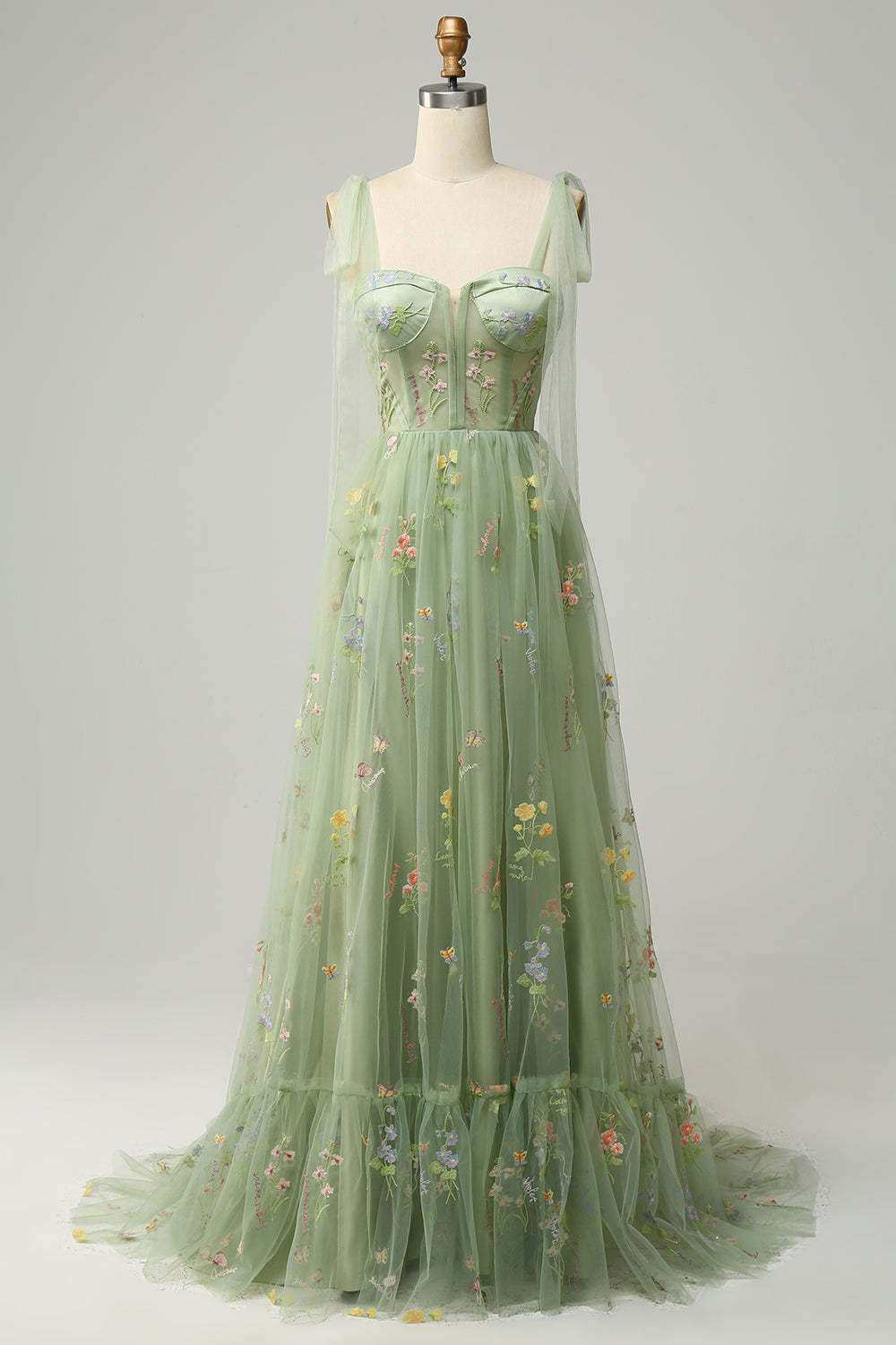 Green Tulle Flower Embroidery Adjustable Strap A-line Long Bridesmaid Dress
