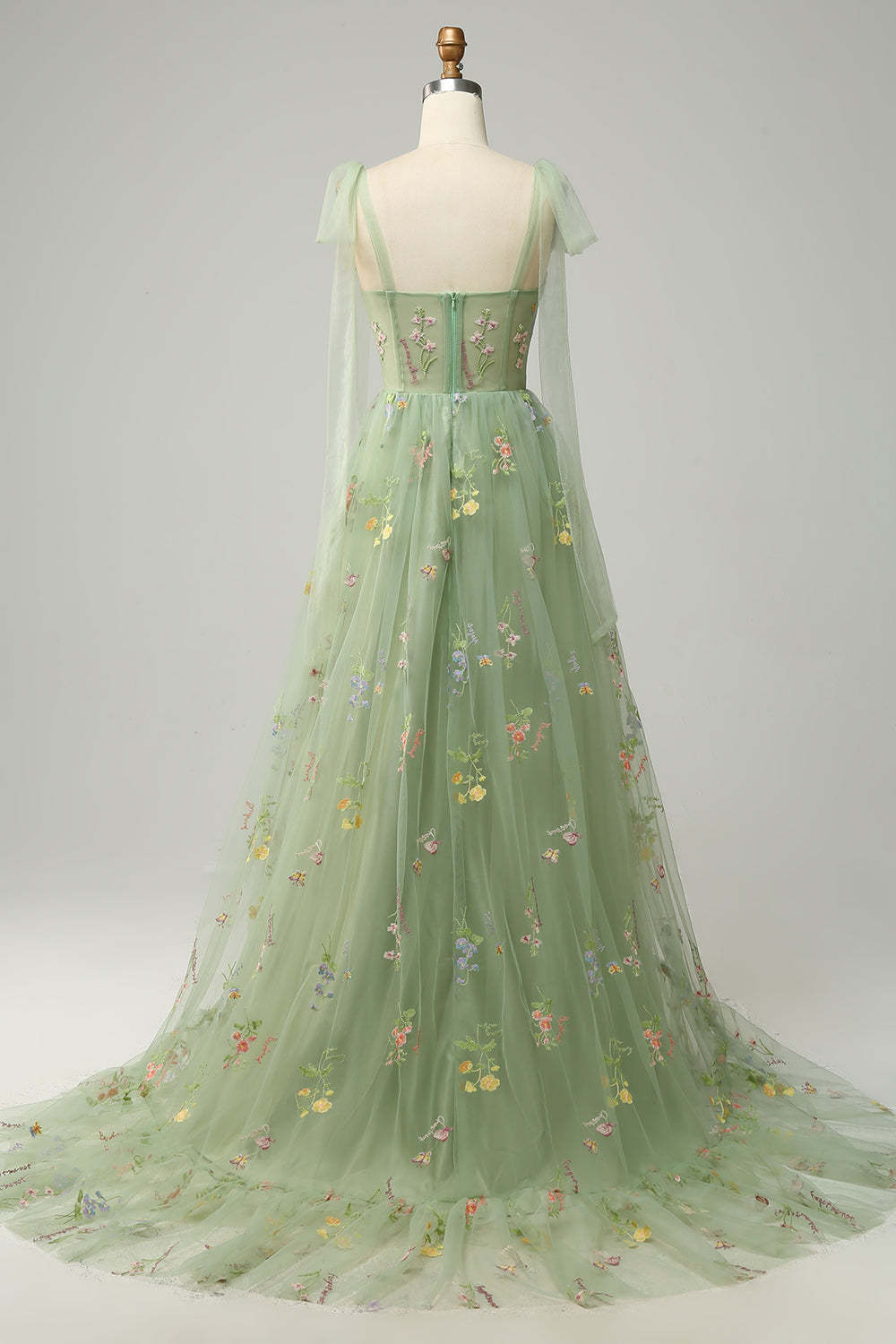Green Tulle Flower Embroidery Adjustable Strap A-line Long Bridesmaid Dress