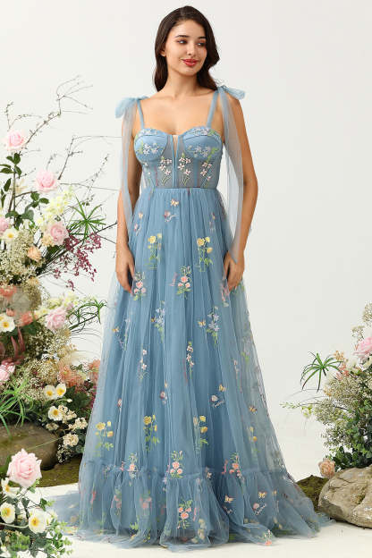 Grey Blue Tulle A Line Corset Prom Dress with Embroidery