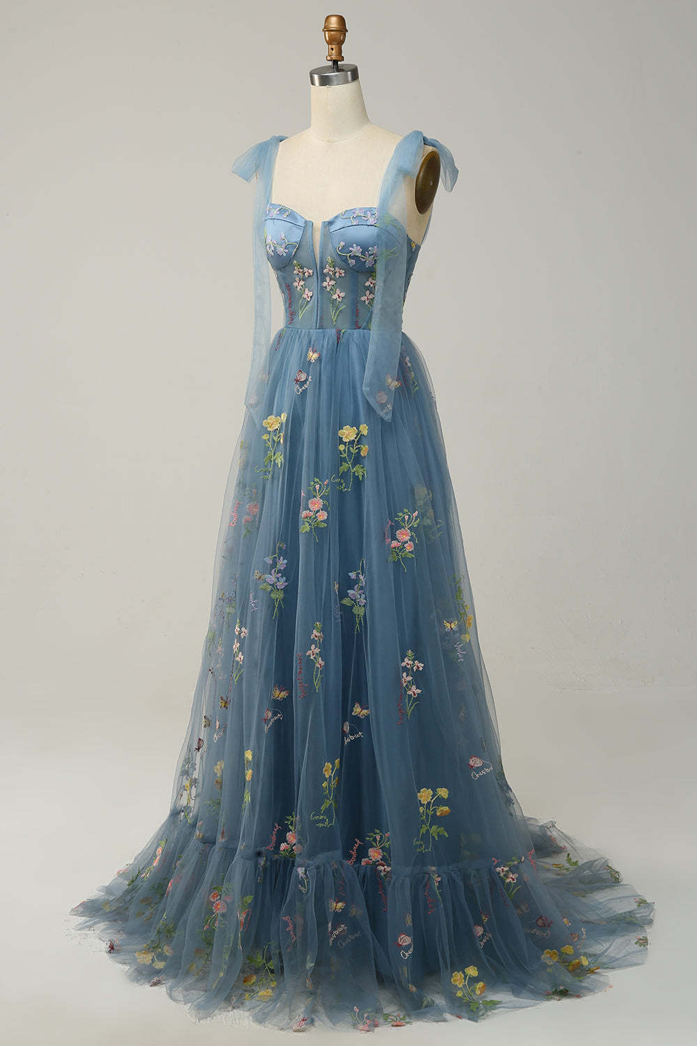 Grey Blue Tulle A Line Corset Prom Dress with Embroidery