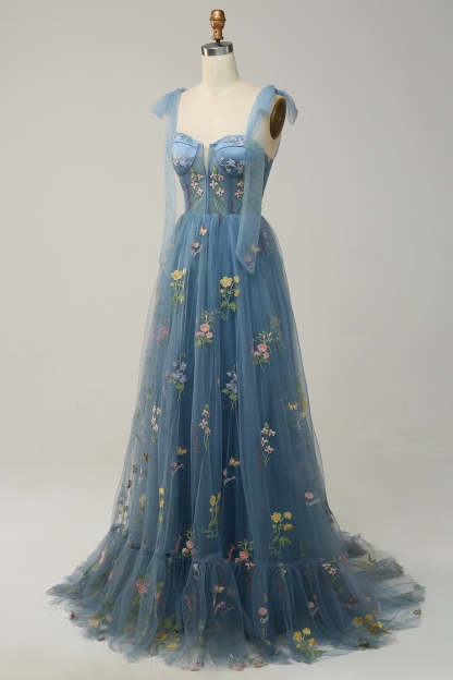 Grey Blue Tulle A Line Corset Prom Dress with Embroidery