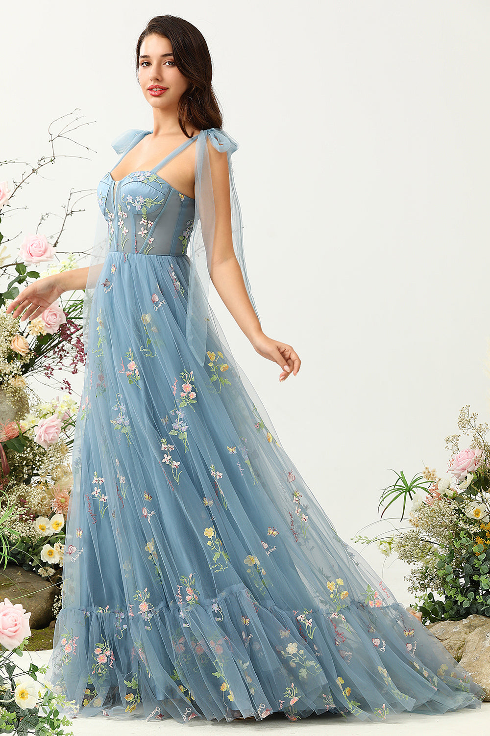 Grey Blue Tulle A Line Corset Prom Dress with Embroidery