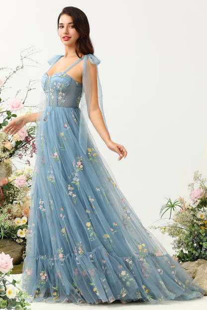 Grey Blue Tulle A Line Corset Prom Dress with Embroidery