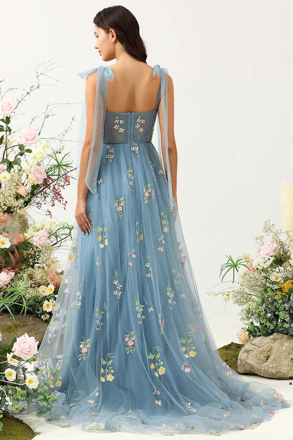 Grey Blue Tulle A Line Corset Prom Dress with Embroidery