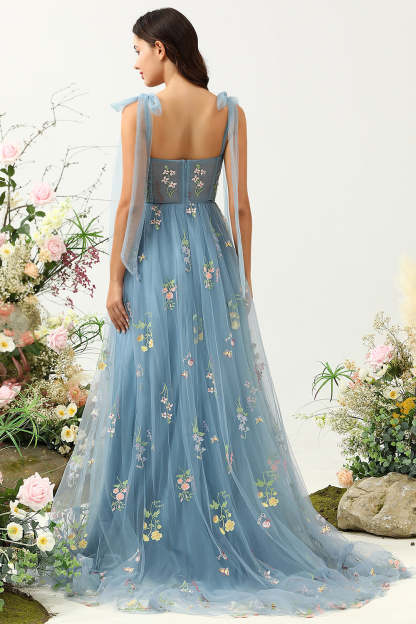 Grey Blue Tulle A Line Corset Prom Dress with Embroidery