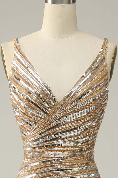 Sheath V Neck Golden Sequins Long Prom Dress with Open Back