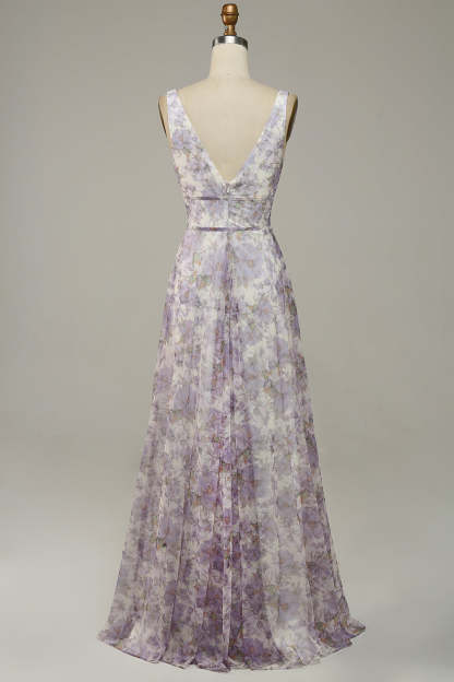 Ivory Purple A Line V-Neck Printed Wedding Guest Dress With Slit