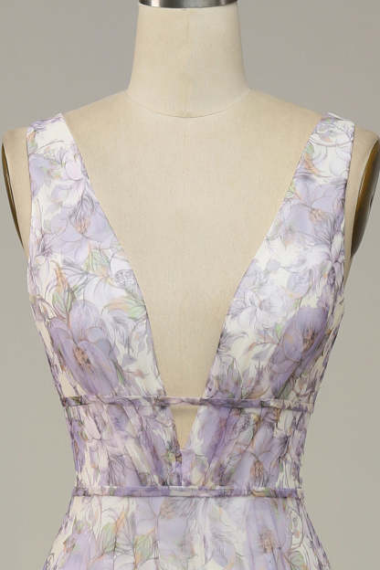 Ivory Purple A Line V-Neck Printed Wedding Guest Dress With Slit