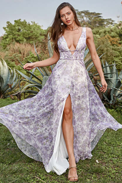 Leely Women Ivory Purple A Line V-Neck Printed Long Bridesmaid Dress With Slit Wedding Guest Dress