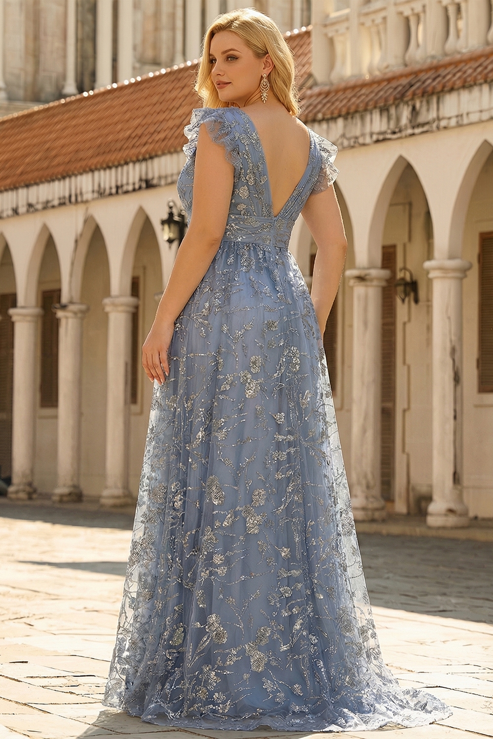 A Line Deep V Neck Grey Blue Wedding Party Dress with Embroidery