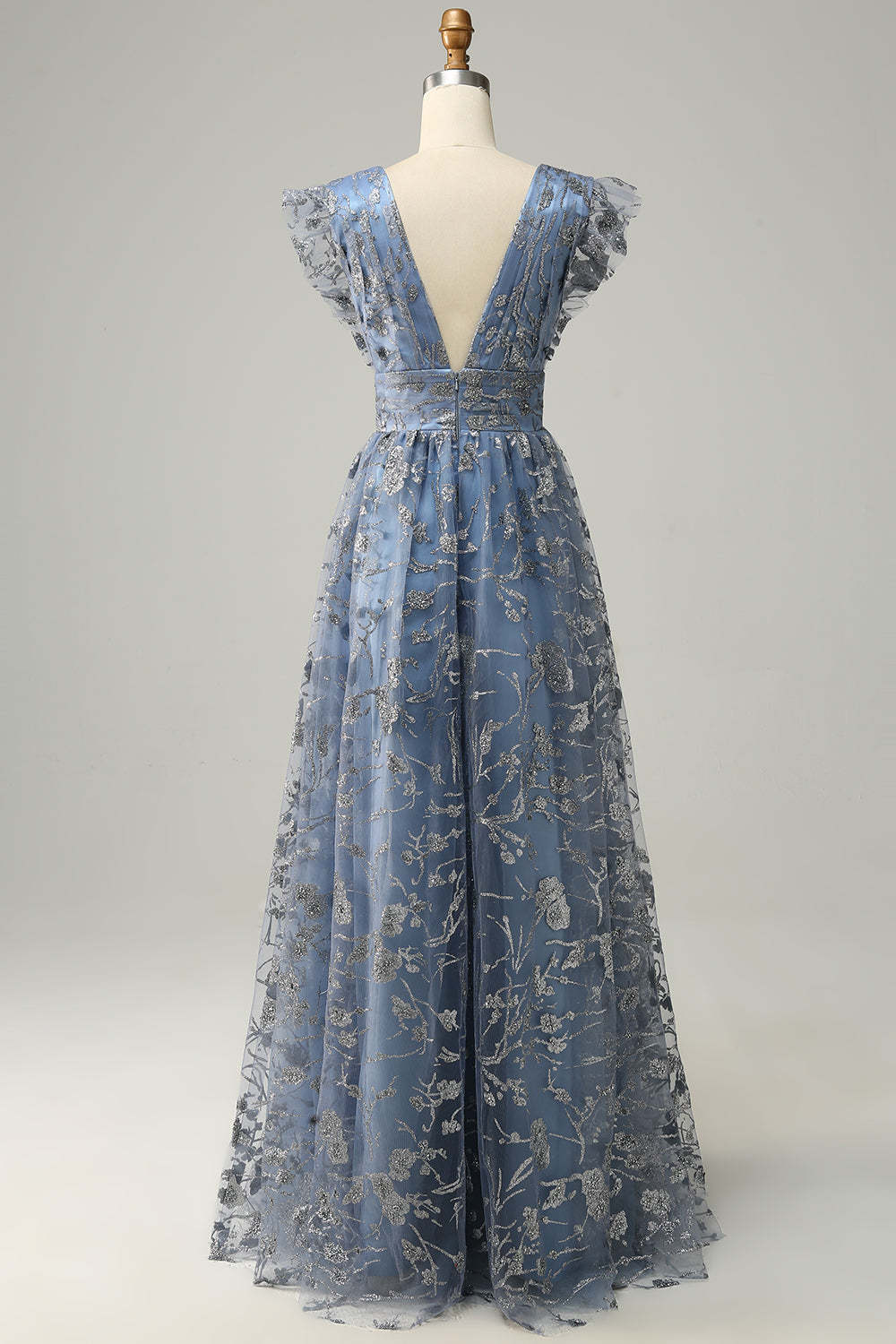 Deep V Neck A Line Grey Blue Wedding Party Dress with Embroidery