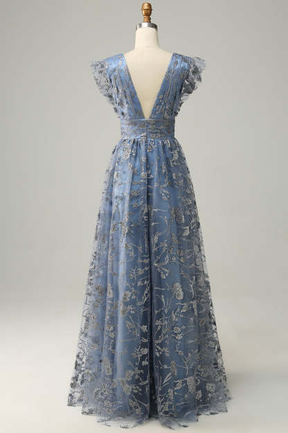 Deep V Neck A Line Grey Blue Wedding Party Dress with Embroidery