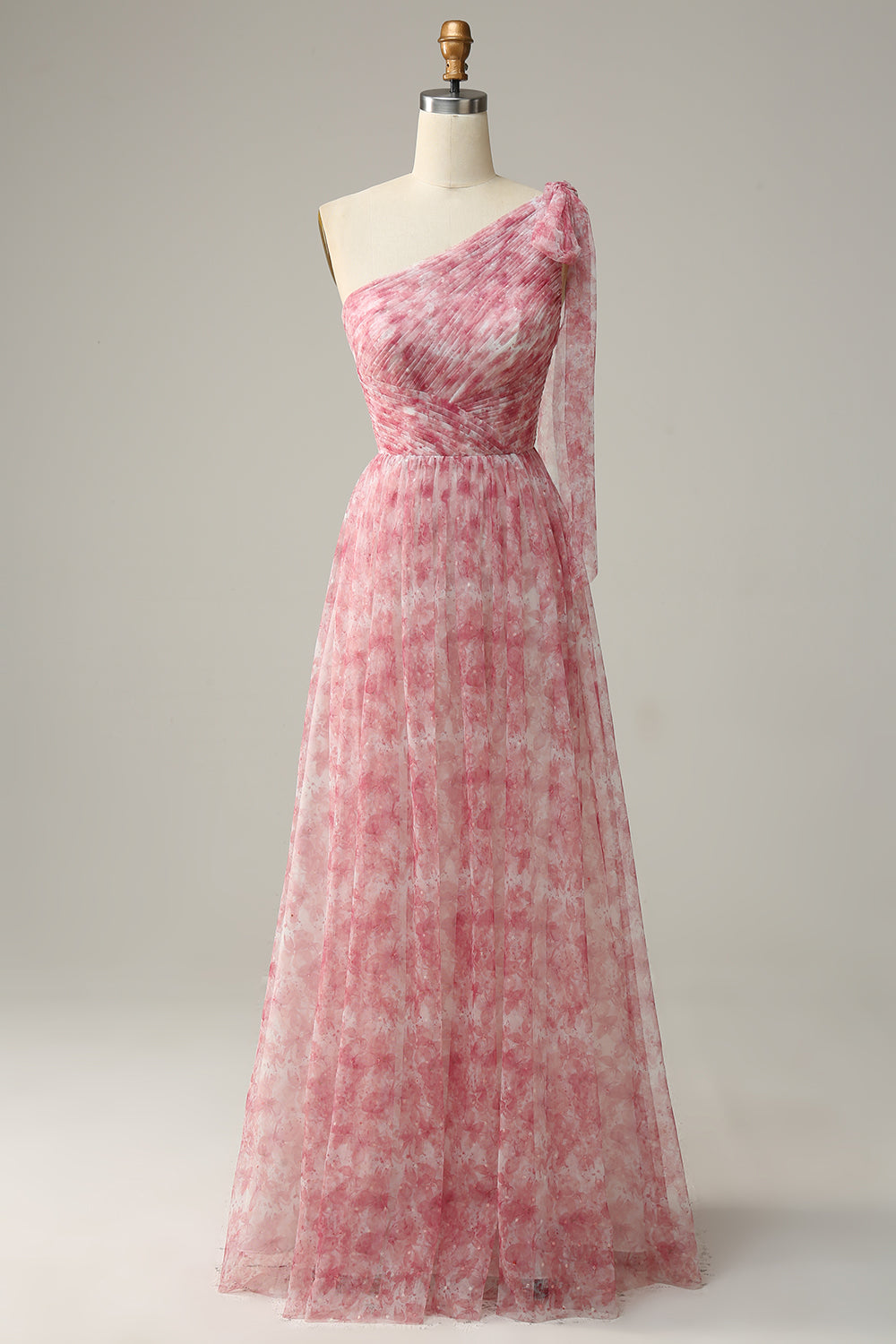 Red A Line One Shoulder Print Long Tulle Bridesmaid Dress