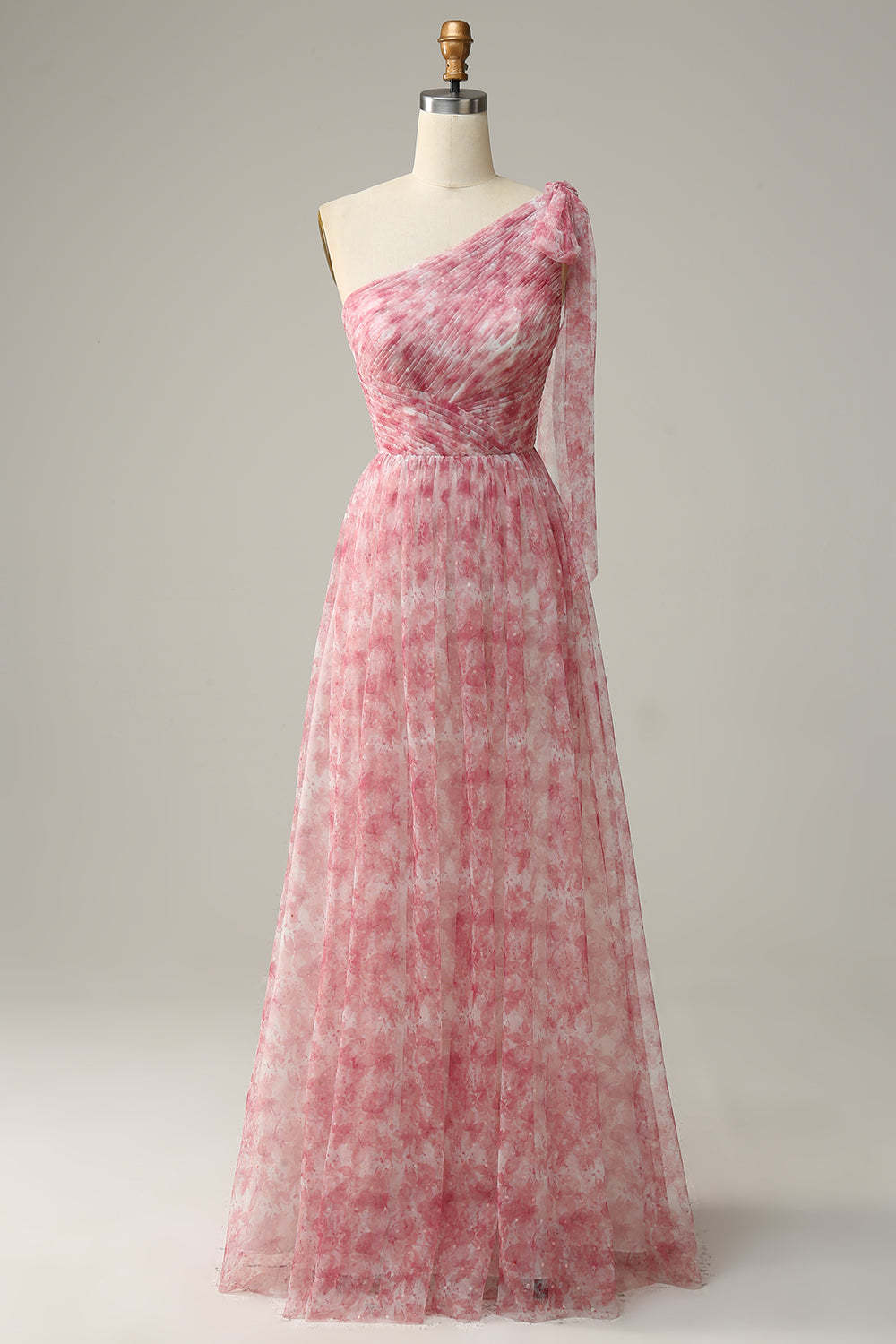 Red A Line One Shoulder Print Long Tulle Bridesmaid Dress