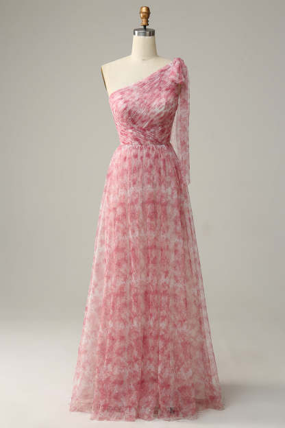 Red A Line One Shoulder Print Long Tulle Bridesmaid Dress