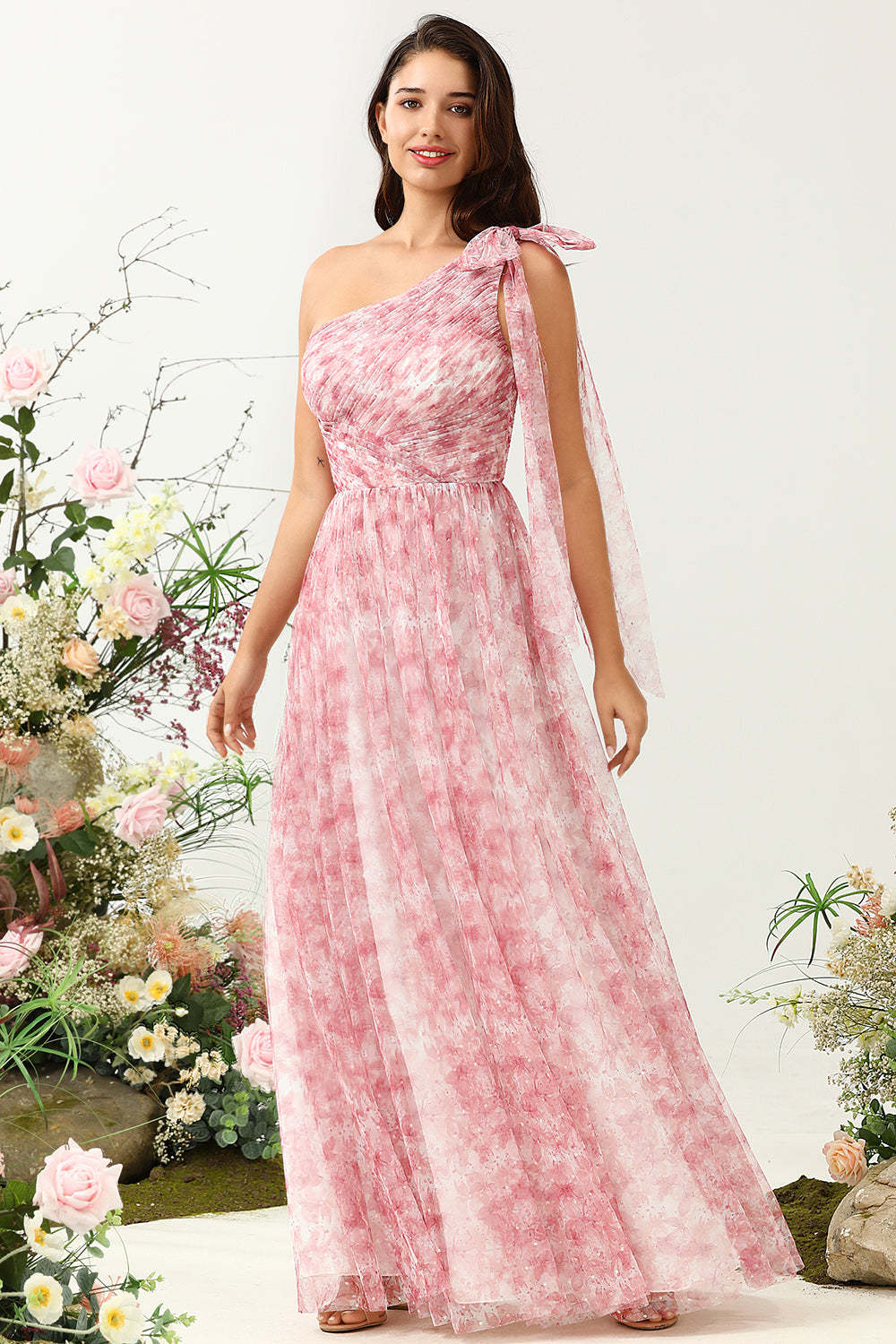 Leely Women Bridesmaid Dress Red A Line One Shoulder Print Tulle Wedding Party Dress with Ruched