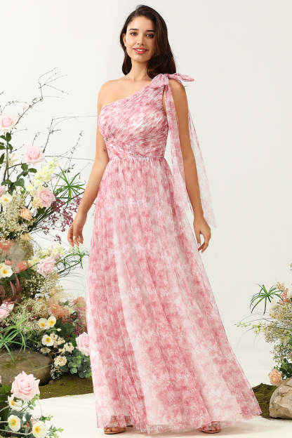 Leely Women Bridesmaid Dress Red A Line One Shoulder Print Tulle Wedding Party Dress with Ruched