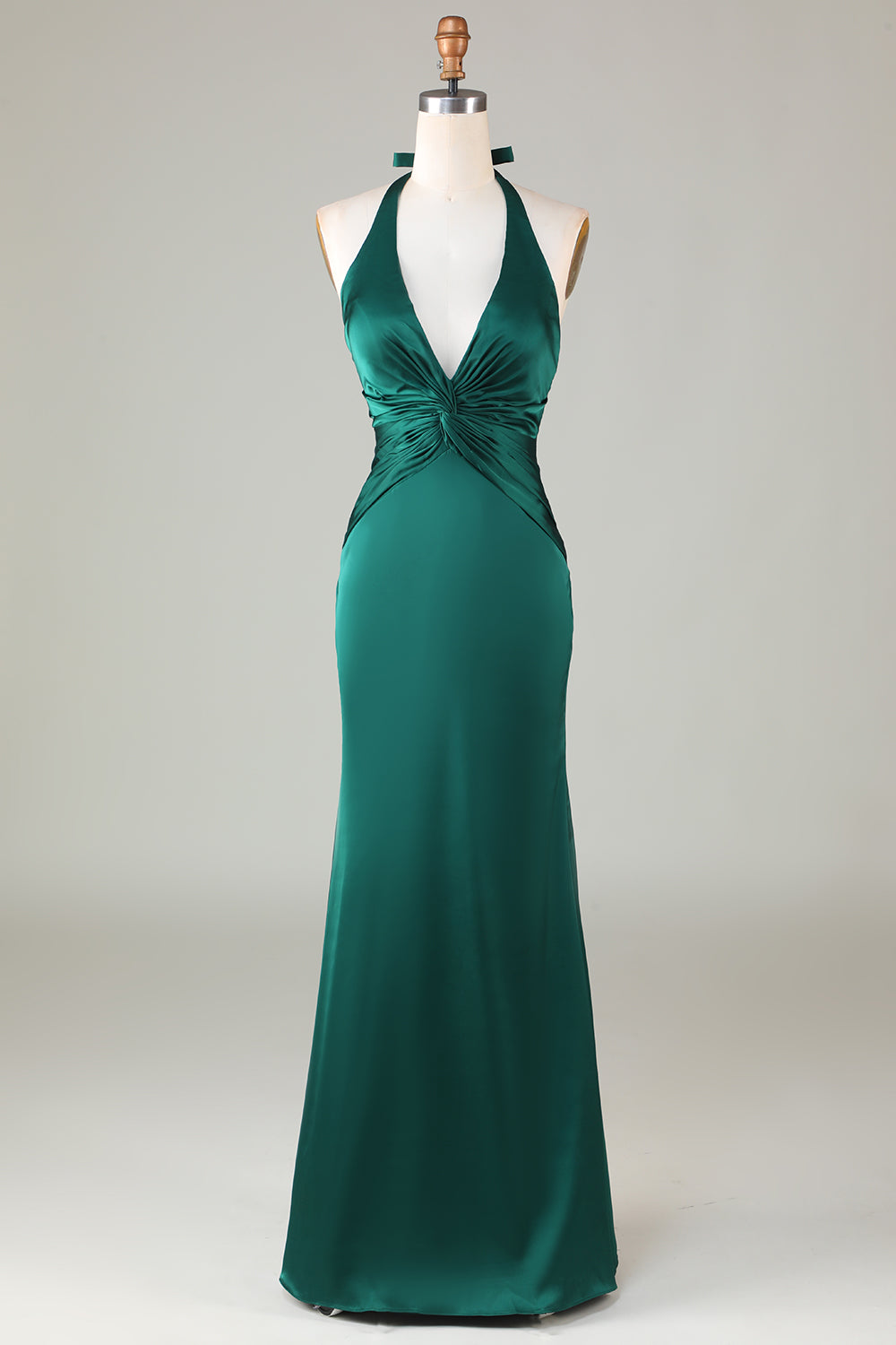 Halter Sheath Dusty Sage Satin Front Twist Bridesmaid Dress