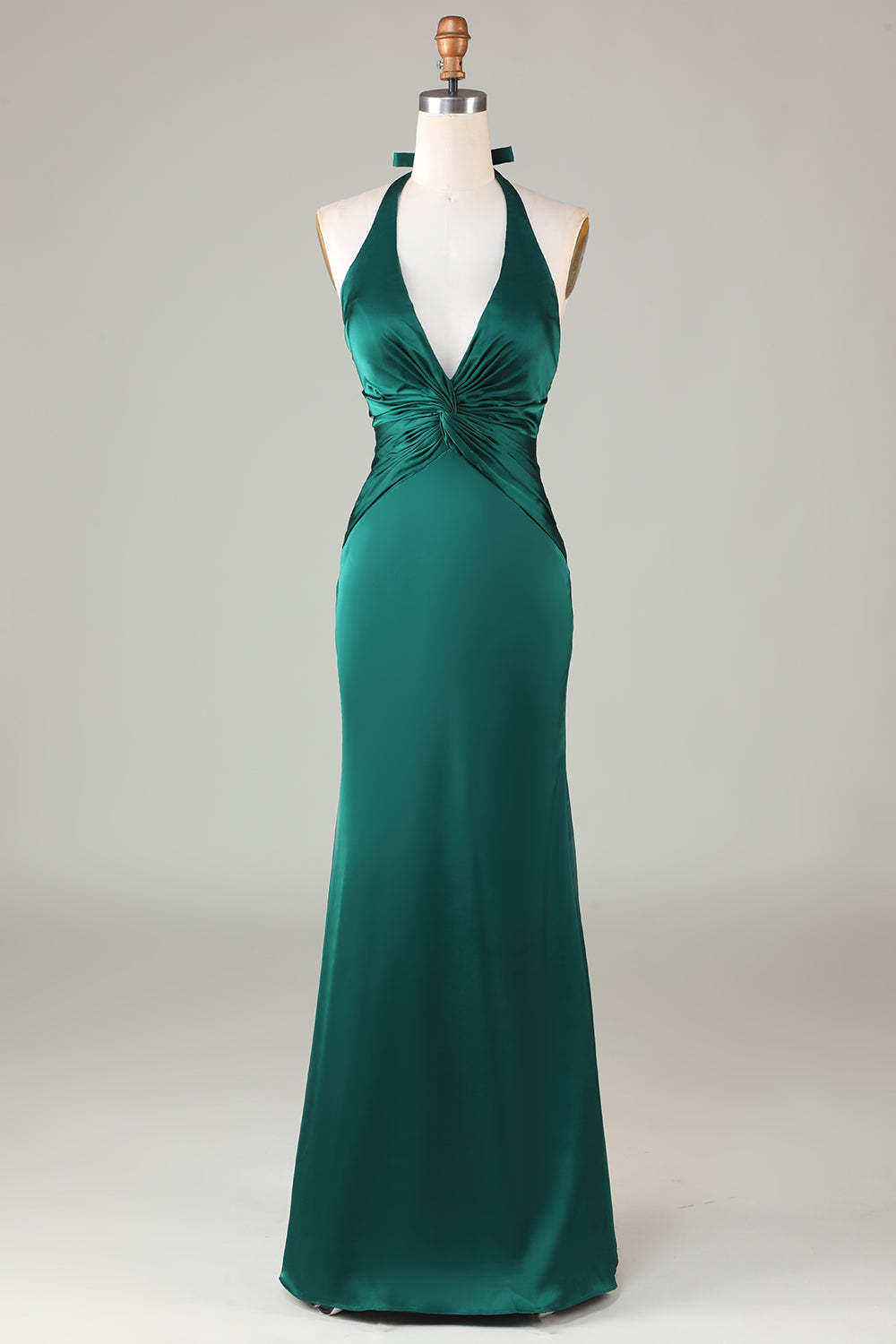 Halter Sheath Dusty Sage Satin Front Twist Bridesmaid Dress